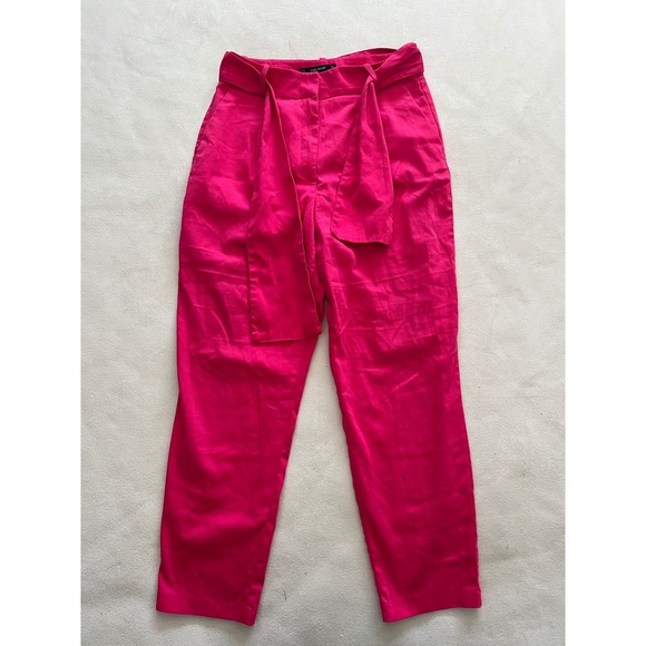 Zara Basic Pants - Zara Basic Womens Hot Pink High Waisted Belted Tapered Pants Size M Cotton Blend